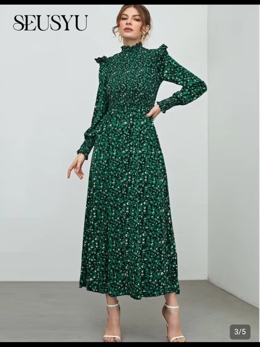Green Floral High-Neck Long Sleeve Maxi Dress